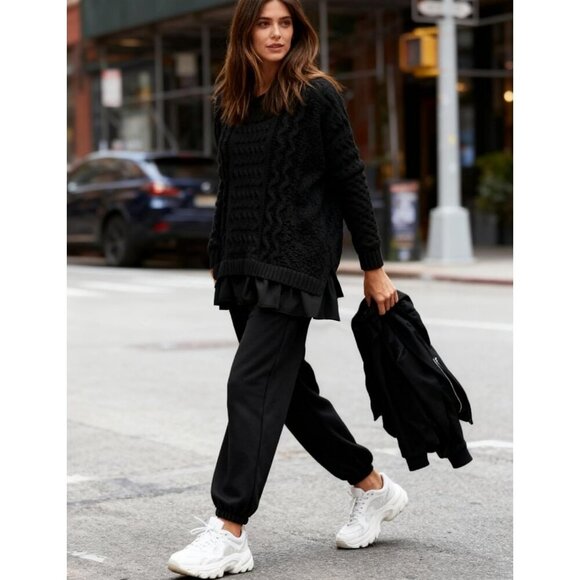 Women's Cable Knit Sweater Dress Ruffle Hem Mini Dresses Long Sleeves Black - Picture 6 of 6